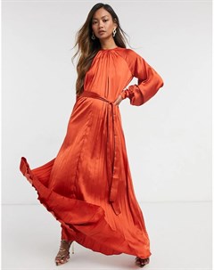 Оранжевое атласное платье макси в форме трапеции с плиссированной юбкой и поясом Asos design