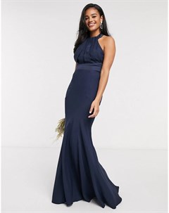 Темно синее плиссированное платье макси с бретелью через шею Bridesmaid Asos design