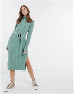 Шалфейно зеленое вязаное платье с высоким отворачивающимся воротом и поясом x Billie Faiers In the style