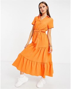 Ярусное тканевое платье рубашка миди мандаринового цвета Unique21