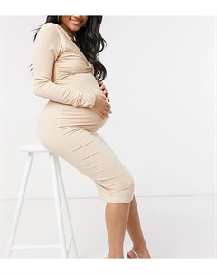 Бежевое платье миди в рубчик с длинными рукавами и перекрученным дизайном ASOS DESIGN Maternity Asos maternity