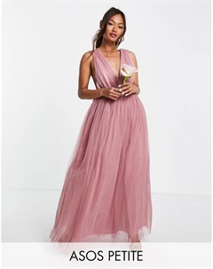 Розовое платье макси с глубоким вырезом и бантом сзади Petite Asos design