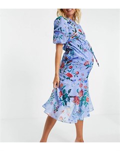 Синее асимметричное платье миди с объемными рукавами и принтом маков Hope and ivy maternity