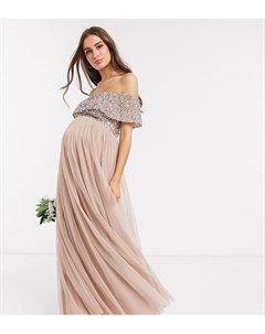 Розовое платье макси из тюля с широким вырезом и однотонными пайетками Bridesmaid Maya maternity