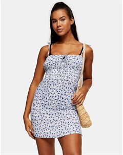 Пляжное присборенное платье мини синего цвета с цветочным принтом Topshop