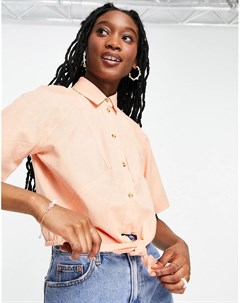Льняная рубашка абрикосового цвета с короткими рукавами и завязкой спереди Asos design