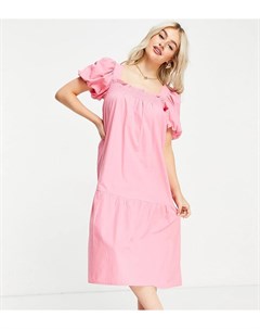 Ярко розовое платье миди из хлопкового поплина с пышными рукавами Influence petite