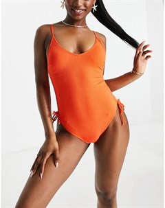 Ярко оранжевый слитный купальник со сборками сбоку New look