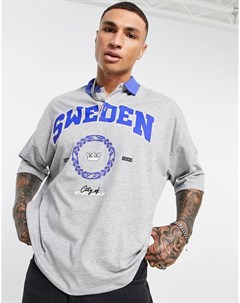Серая меланжевая футболка поло в стиле oversized с принтом в университетском стиле Sweden Asos design