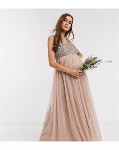 Светло розовое платье макси без рукавов с квадратным вырезом и пайетками Bridesmaid Maya maternity