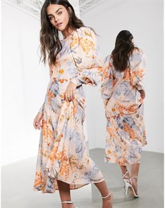Персиковое платье миди с цветочно пальмовым принтом Asos edition