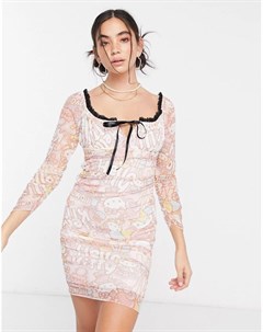Сетчатое облегающее платье со сборками и принтом котят x Hello Kitty New girl order