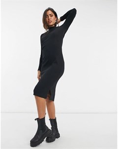 Черное платье миди в рубчик с высоким воротом Vero moda