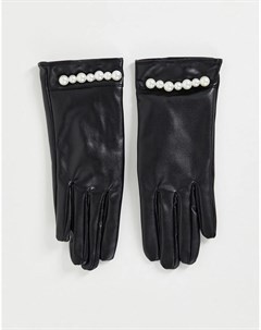 Черные перчатки из искусственной кожи с отделкой искусственным жемчугом Svnx