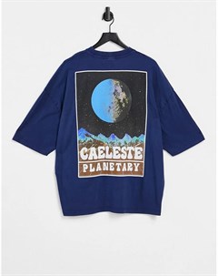 Темно синяя выбеленная футболка в стиле oversized с фотопринтом на спине Asos design