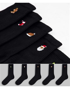 Набор из 5 пар черных носков с разноцветной вышивкой в новогоднем стиле New look