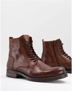 Высокие ботинки на шнуровке из коричневой кожи Jack & jones