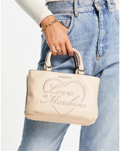 Бежевая сумка с ручками сверху и логотипом в рукописном стиле Love moschino
