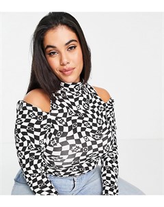 Монохромный топ с вырезом на плечах и принтом в клетку ASOS DESIGN Curve Asos curve