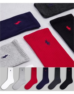 Набор из 6 спортивных носков в черном красном темно синем сером и белом цвете с фирменной эмблемой Polo ralph lauren