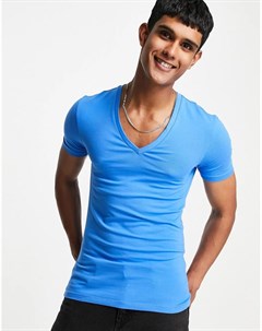 Голубая облегающая футболка из органического хлопка с глубоким V образным вырезом Asos design