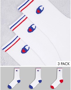 Набор из 3 пар белых носков с логотипом и синей и красной пяткой Champion