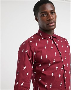 Бордовая рубашка узкого кроя со сплошным принтом молний Asos design