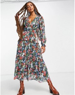 Платье миди с длинными рукавами оборками и разноцветным цветочным принтом Topshop