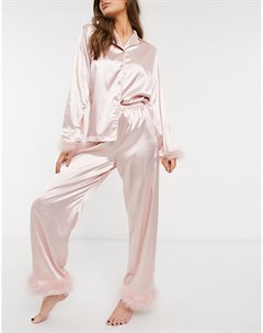 Атласный пижамный комплект розового цвета из рубашки и брюк с отделкой искусственными перьями Night