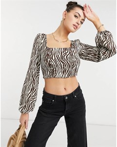 Коричневая блузка с тигровым принтом квадратным вырезом и пышными рукавами Glamorous