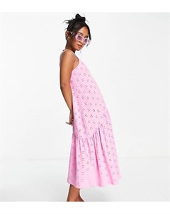 Розовое платье миди на бретельках с вышивкой ришелье и заниженной талией Petite Asos design