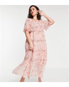 Розовое многоярусное платье макси из шифона со сборками и цветочными принтом Simply be