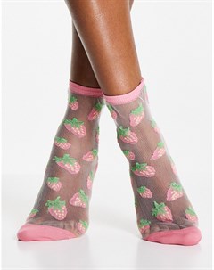 Розовые сетчатые носки с принтом в виде клубники Tinna Monki