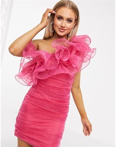 Розовое платье мини из органзы с оборкой Club l london