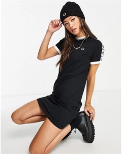 Черное платье футболка с короткими рукавами и лентами с логотипом Fred perry