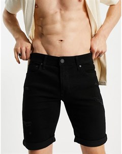Черные зауженные джинсовые шорты со рваной отделкой Intelligence Jack & jones