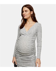 Серое меланжевое платье мини в рубчик со сборками Maternity Topshop