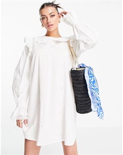 Белое свободное платье мини с воротником и вышивкой ришелье River island