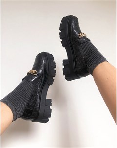 Туфли на плоской массивной подошве черного цвета с эффектом крокодиловой кожи и золотой цепочкой Ale Raid