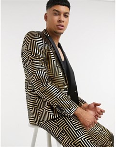 Пиджак из черного бархата с атласными лацканами и блестящим геометрическим узором золотистого цвета Twisted tailor