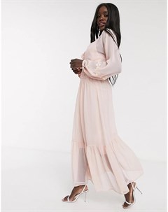 Розовое платье макси с присборенной талией и кружевной отделкой Asos design