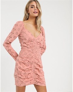 Розовое присборенное платье мини с вырезом в форме сердца и вышивкой ришелье Asos design