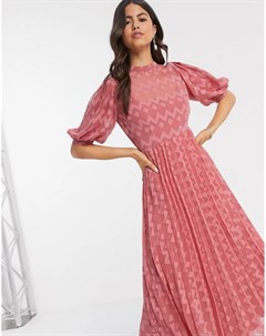 Розовое платье миди с пышными рукавами и плиссированной юбкой Asos design
