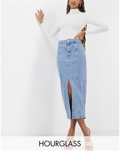Голубая выбеленная джинсовая юбка миди со швами Hourglass Asos design