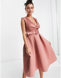 Розовое платье миди для выпускного с квадратным вырезом с перекрученной отделкой поясом и расклешенн Asos design