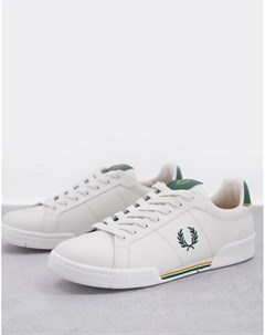 Белые кожаные кроссовки с зелеными вставками и фирменными полосками B722 Fred perry