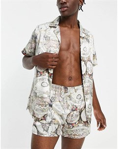 Пижамный комплект из атласной рубашки и шорт с принтом карты Asos design
