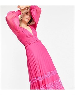 Эксклюзивное розовое платье миди с глубоким вырезом плиссировкой и кружевными вставками ASOS DESIGN  Asos tall