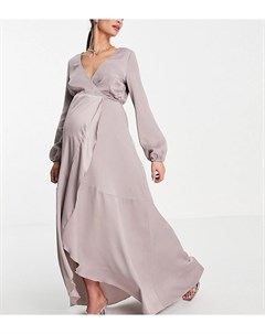 Атласное платье мидакси с запахом и завязкой серо бежевого цвета Little mistress maternity