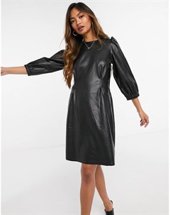 Черное платье мини из искусственной кожи с объемными рукавами Vero moda